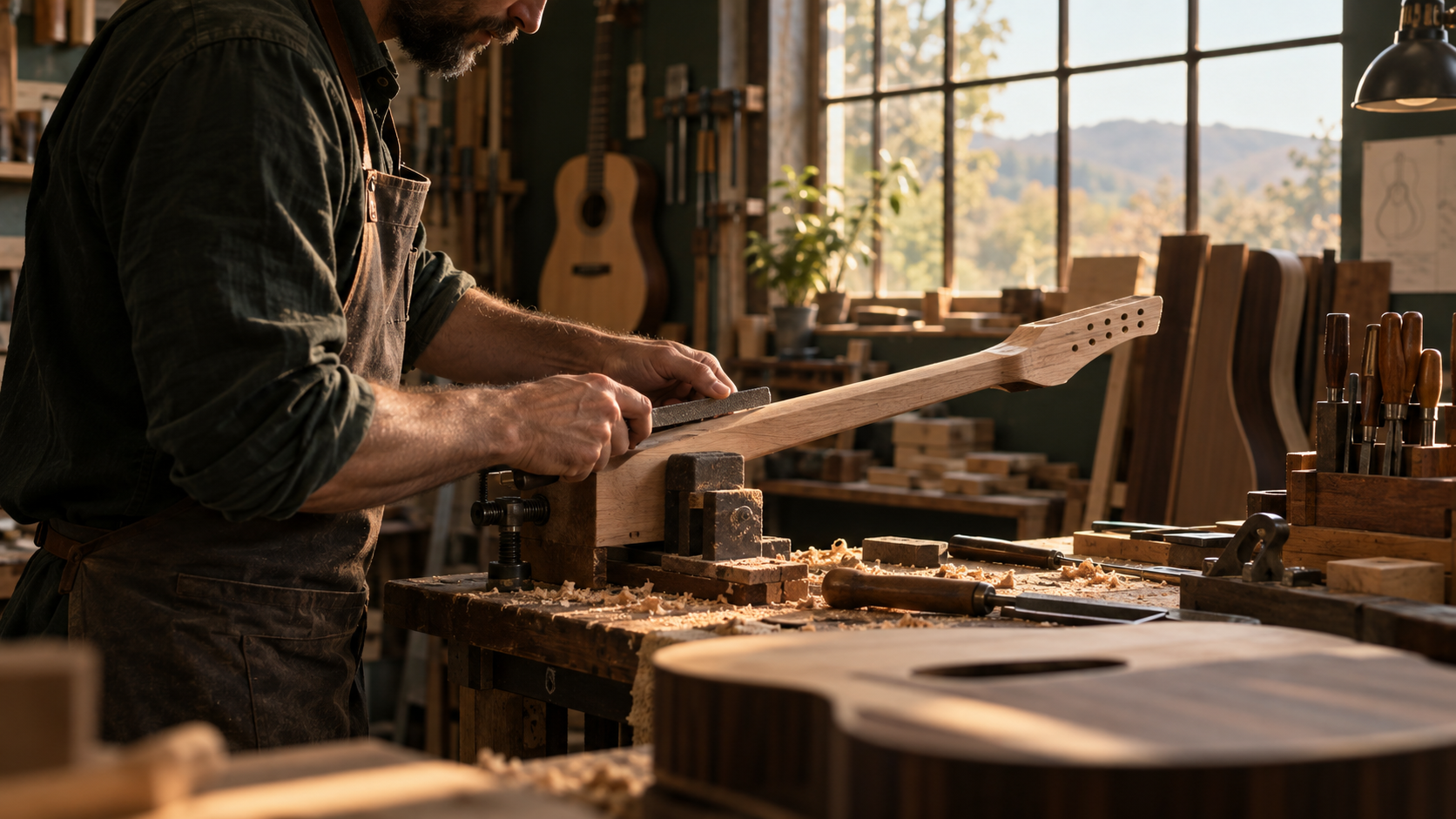 Alexander Polyakov working on a guitar