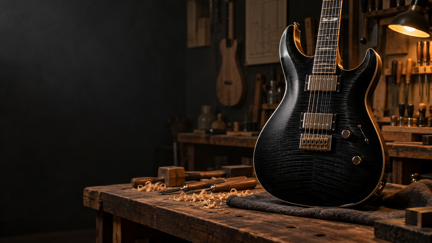 Handcrafted electric guitar in a luthier workshop