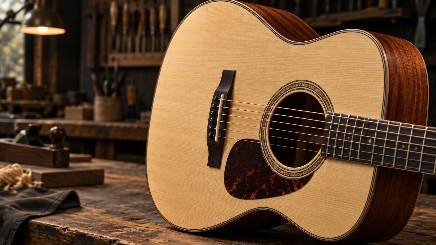 Close-up of a handcrafted guitar body and strings